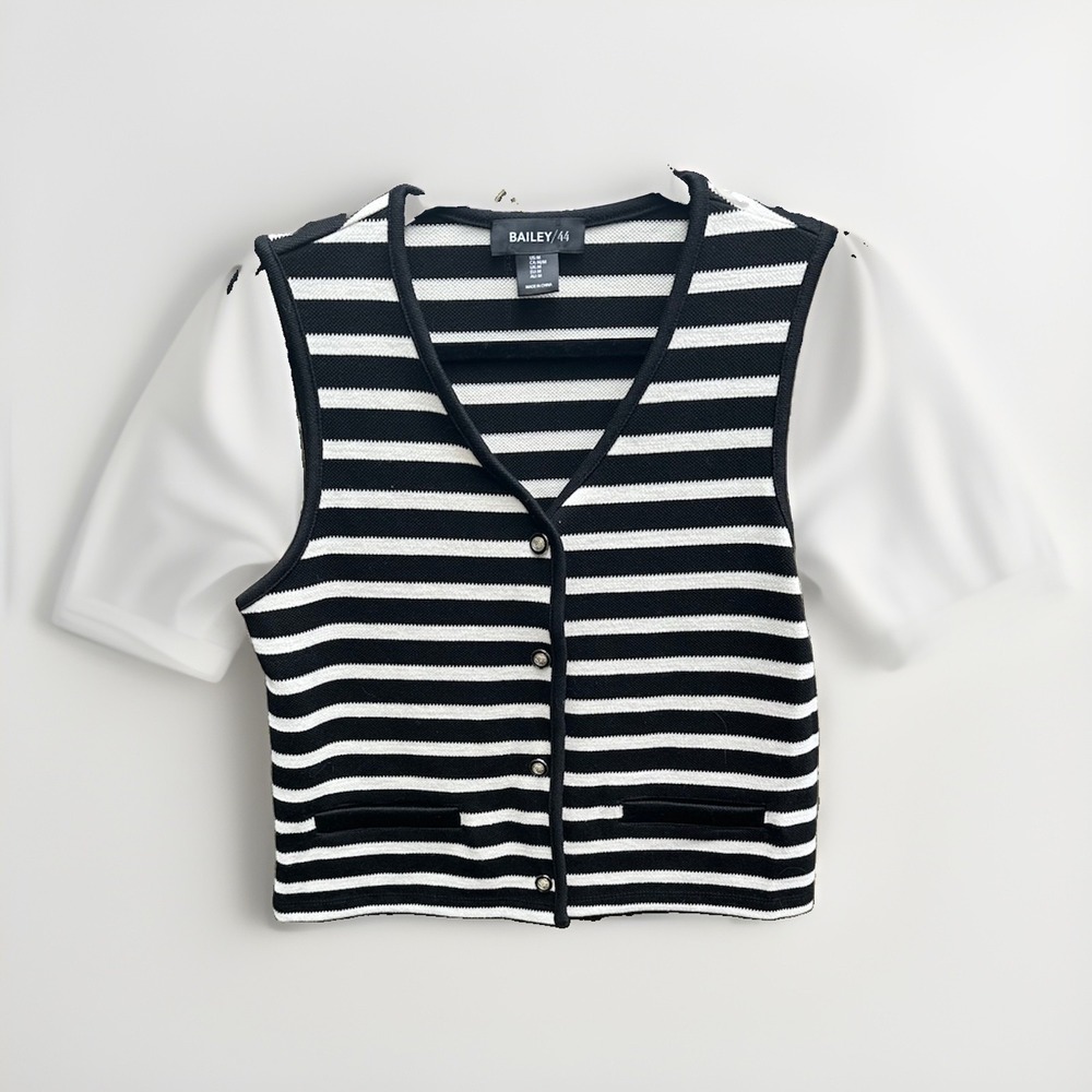 Bailey 44 Womens Black White Striped Knit Vest Button Front Gold Crest Buttons M